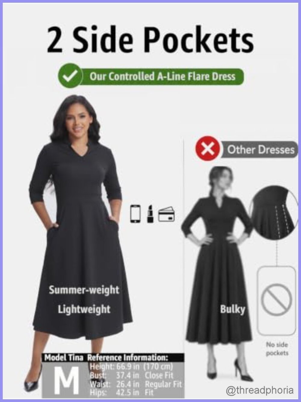 3/4 Sleeve V-Neck Midi Dress A-Line Fit Flare Tea Length Modest Pockets - Picture 4 of 6